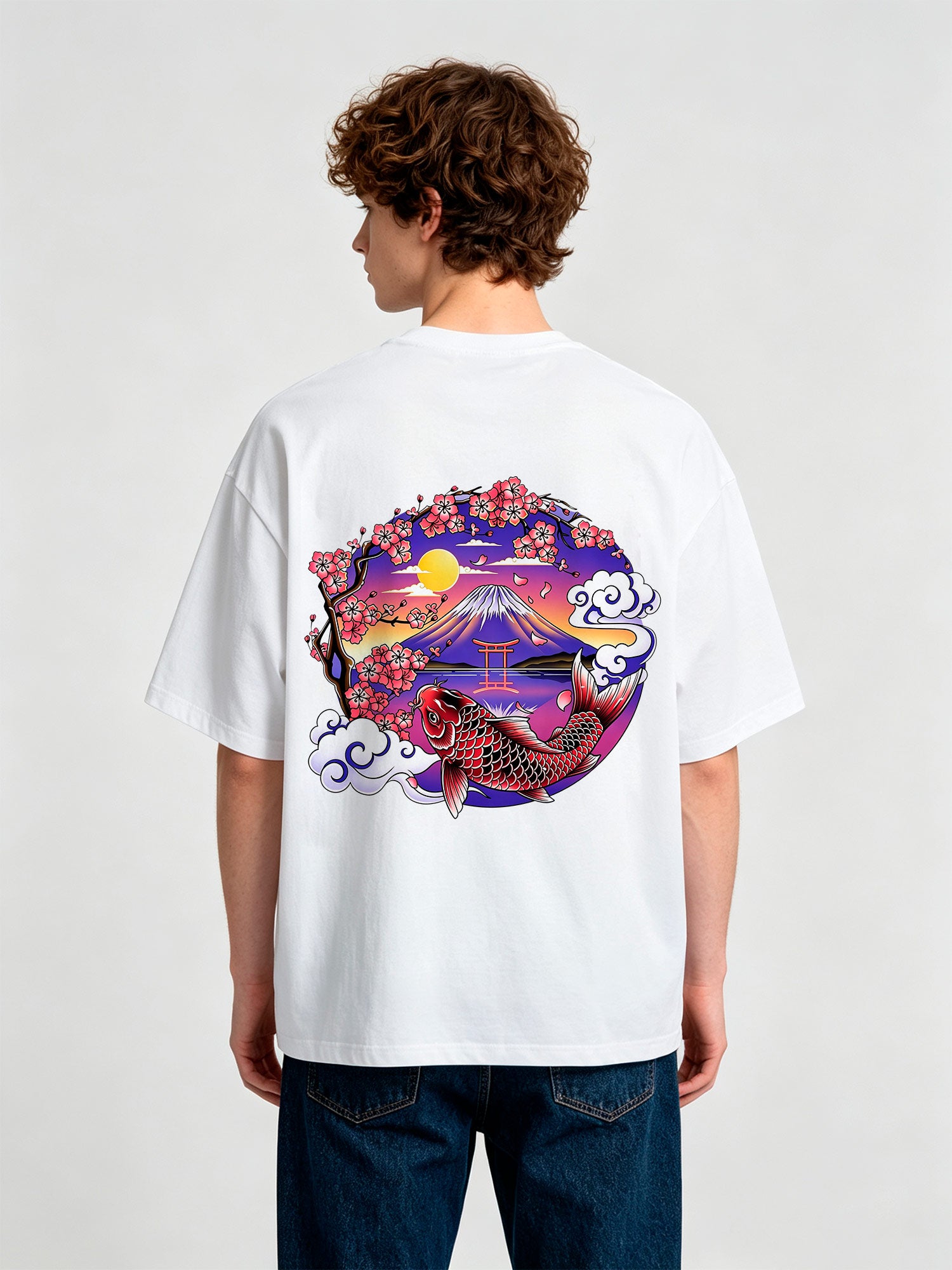 Vibrant Japanese Fuji Mountain Red Koi Carp Cherry Blossom Torii Gate Sunset Cloud Print  T-Shirt