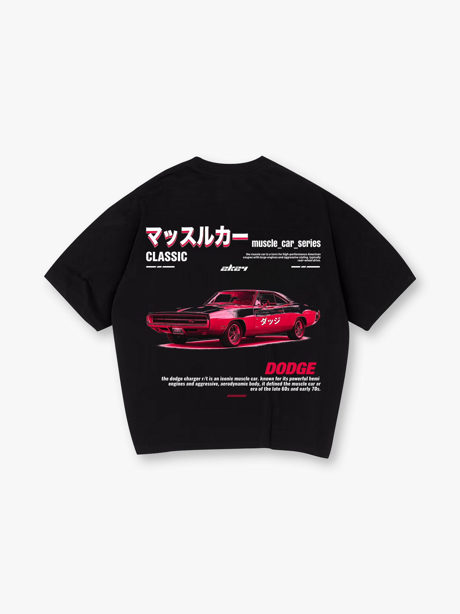 Vintage Red Dodge Charger RT Classic Muscle Car Japanese Katakana Text Back Print T-Shirt