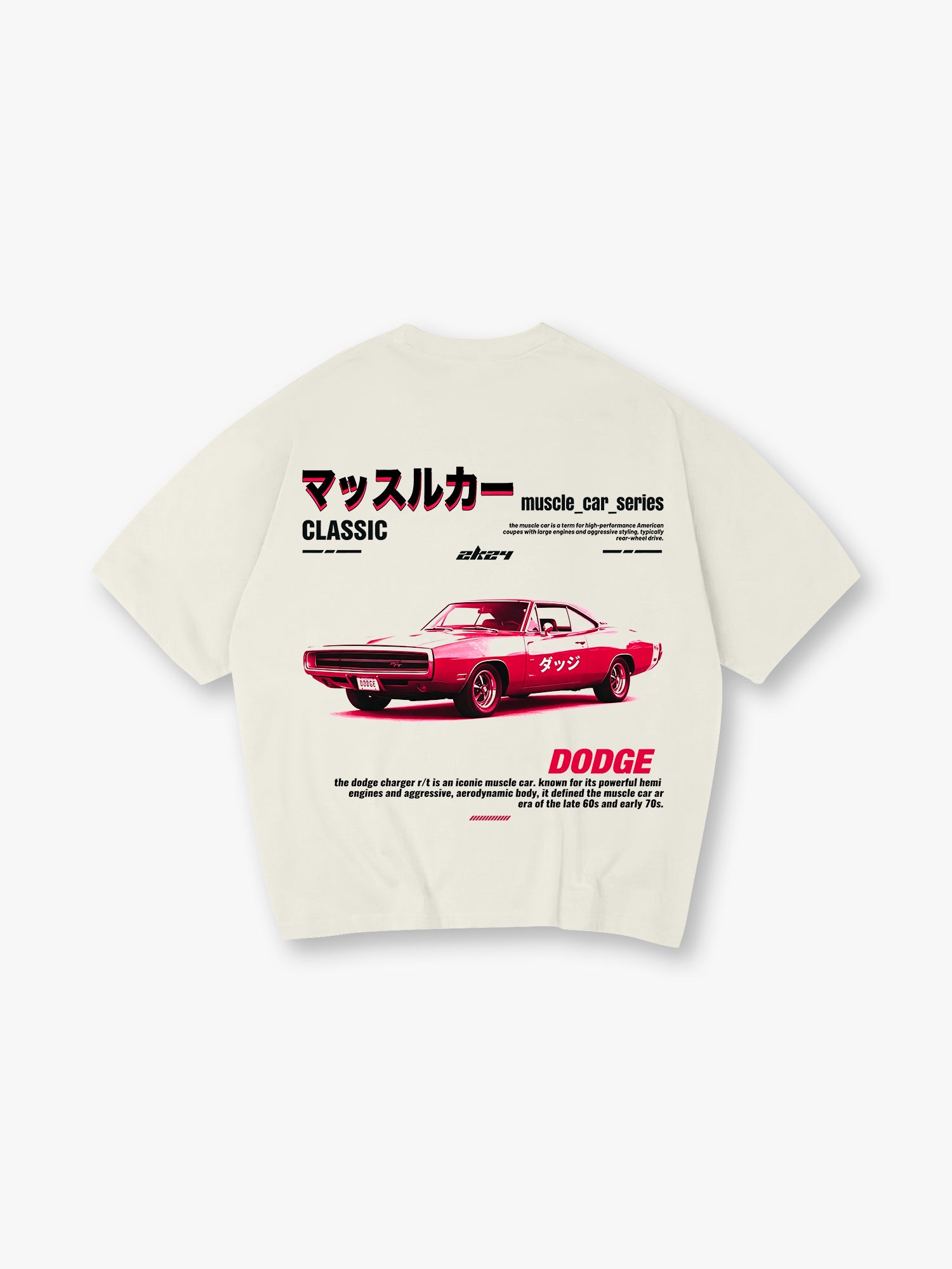 Vintage Red Dodge Charger RT Classic Muscle Car Japanese Katakana Text Back Print T-Shirt