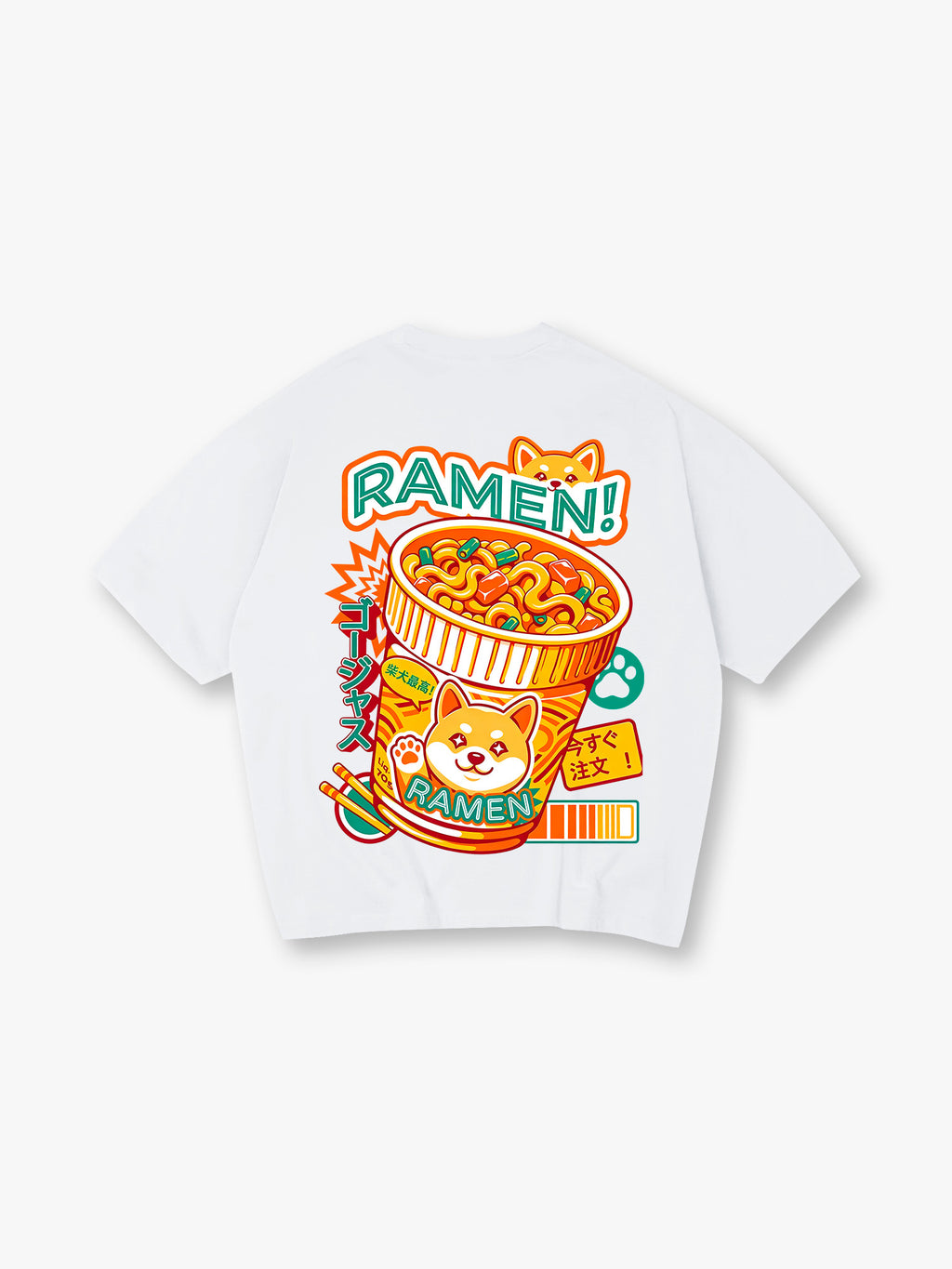 Kawaii Shiba Inu Cup Ramen Colorful Japanese Kanji Paw Print Cartoon T-Shirt