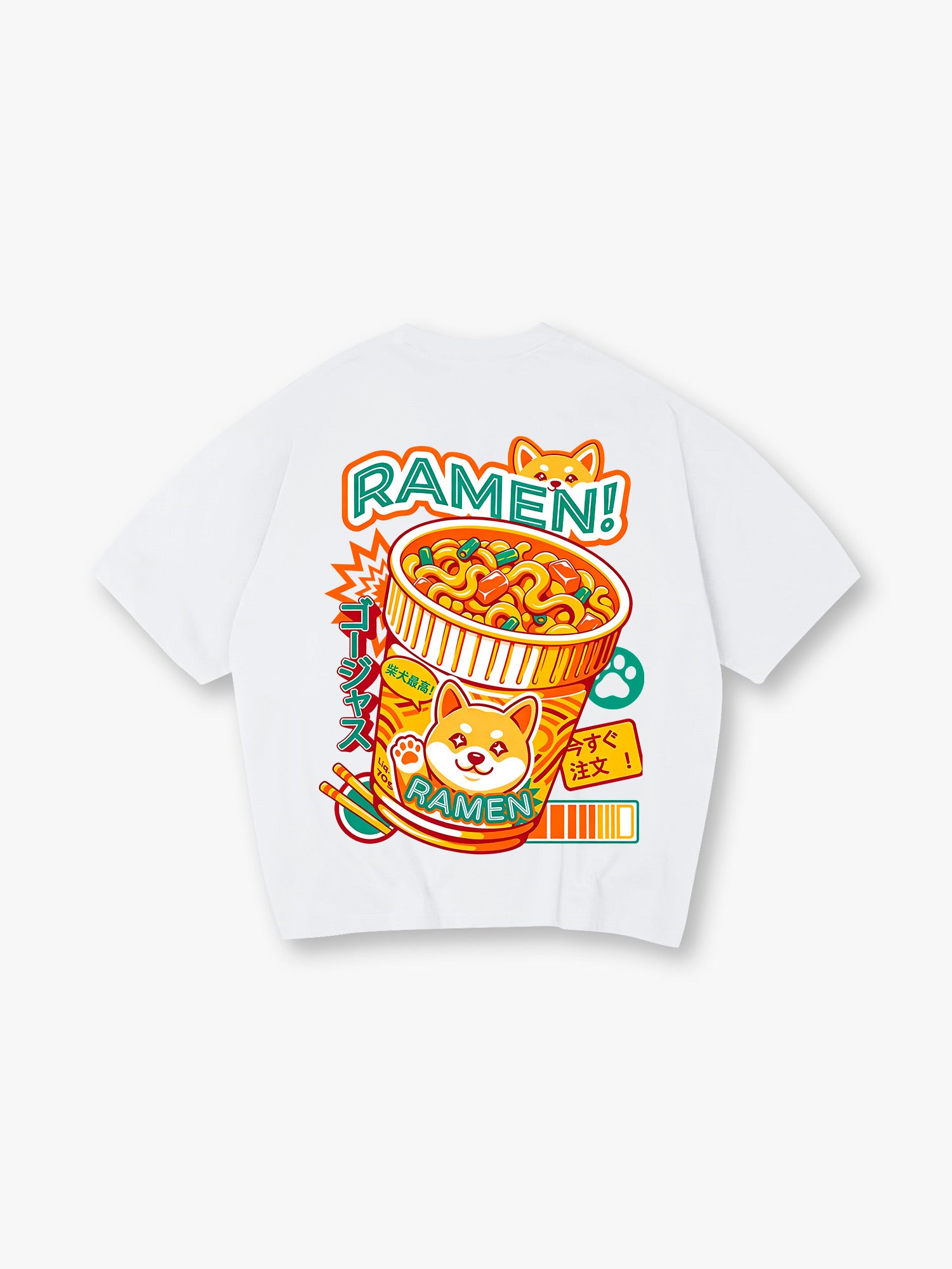 Kawaii Shiba Inu Cup Ramen Colorful Japanese Kanji Paw Print Cartoon T-Shirt