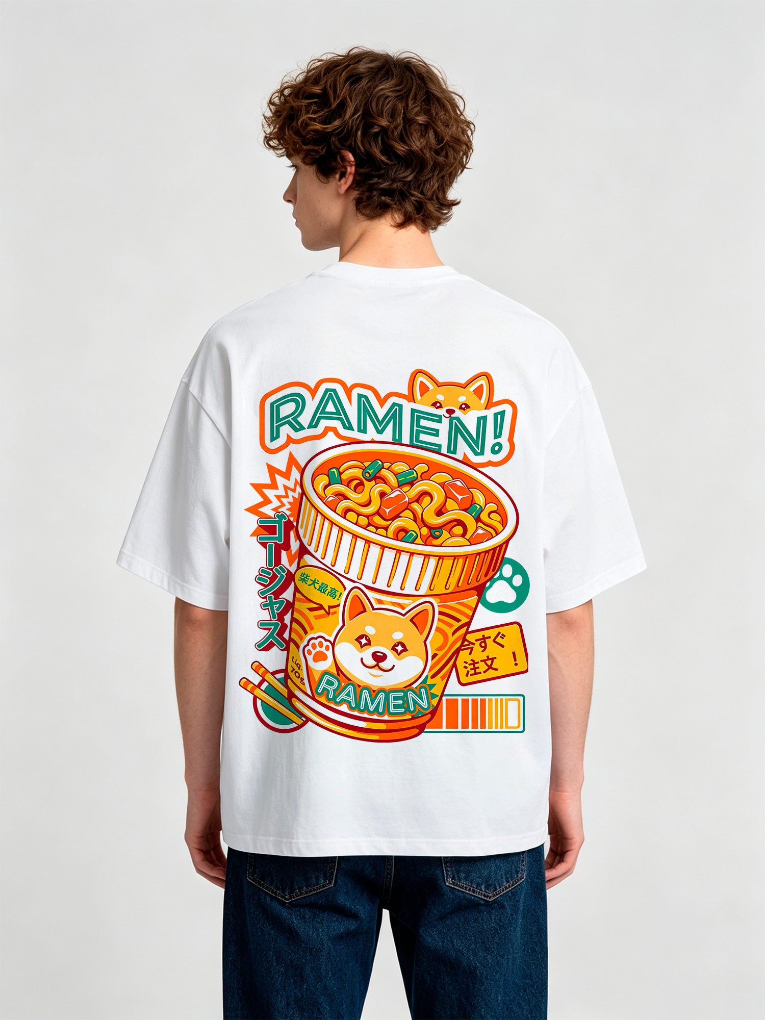 Kawaii Shiba Inu Cup Ramen Colorful Japanese Kanji Paw Print Cartoon T-Shirt