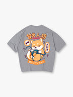 Cute Kawaii Shiba Inu Playing Yarn Ball Japanese Kanji Back Print T-Shirt