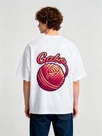 Vibrant Red Yarn Ball Gata Script Back Print T-Shirt