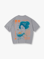 Retro Japanese Tea Geisha Illustration Kanji Back Print T-Shirt
