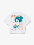 Retro Japanese Tea Geisha Illustration Kanji Back Print T-Shirt