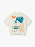 Retro Japanese Tea Geisha Illustration Kanji Back Print T-Shirt