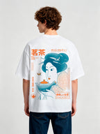 Retro Japanese Tea Geisha Illustration Kanji Back Print T-Shirt