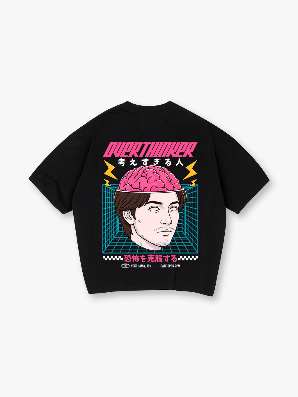 Overthinker Pink Brain Portrait Japanese Text Grid Back Print T-Shirt