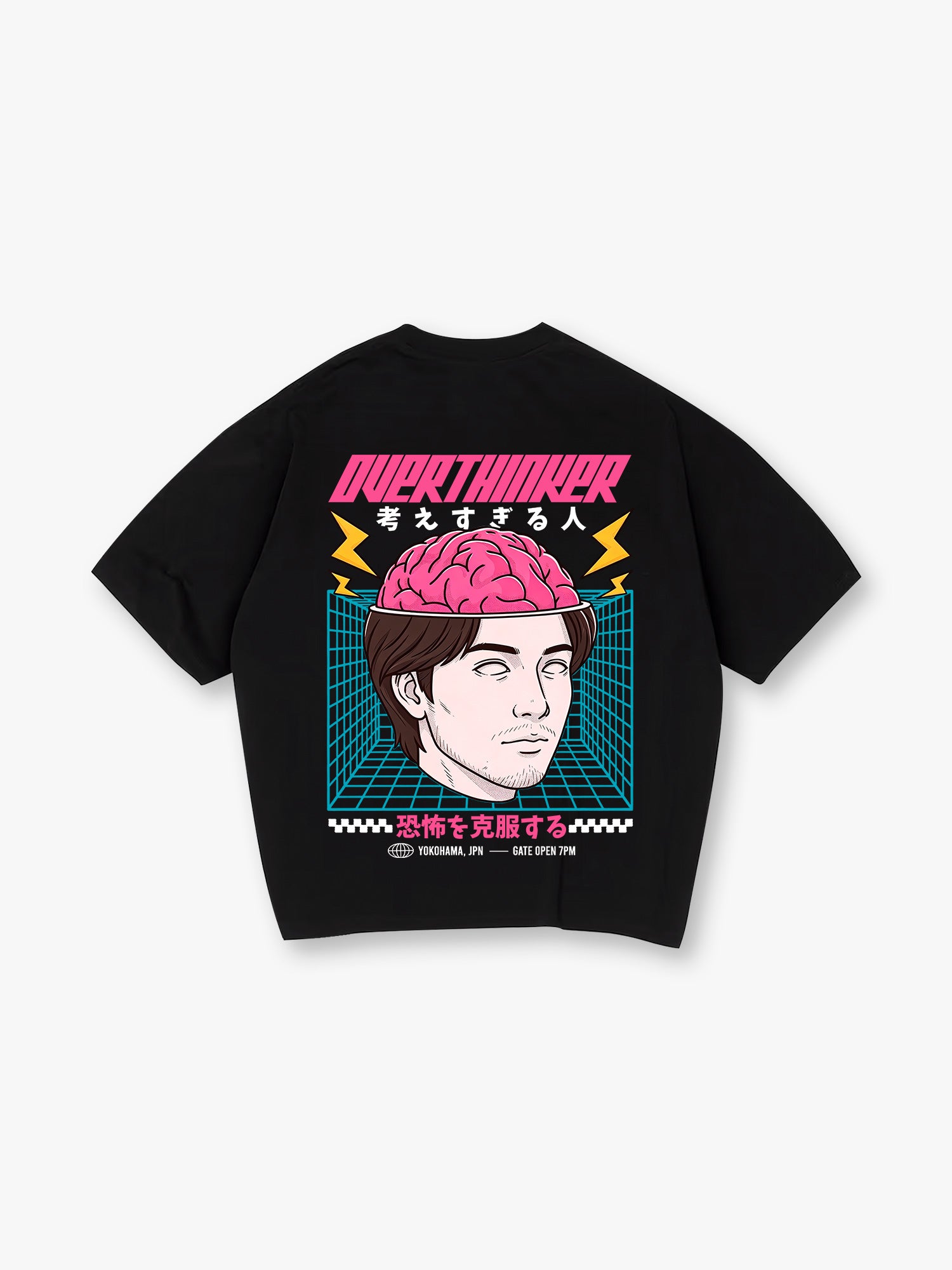 Overthinker Pink Brain Portrait Japanese Text Grid Back Print T-Shirt