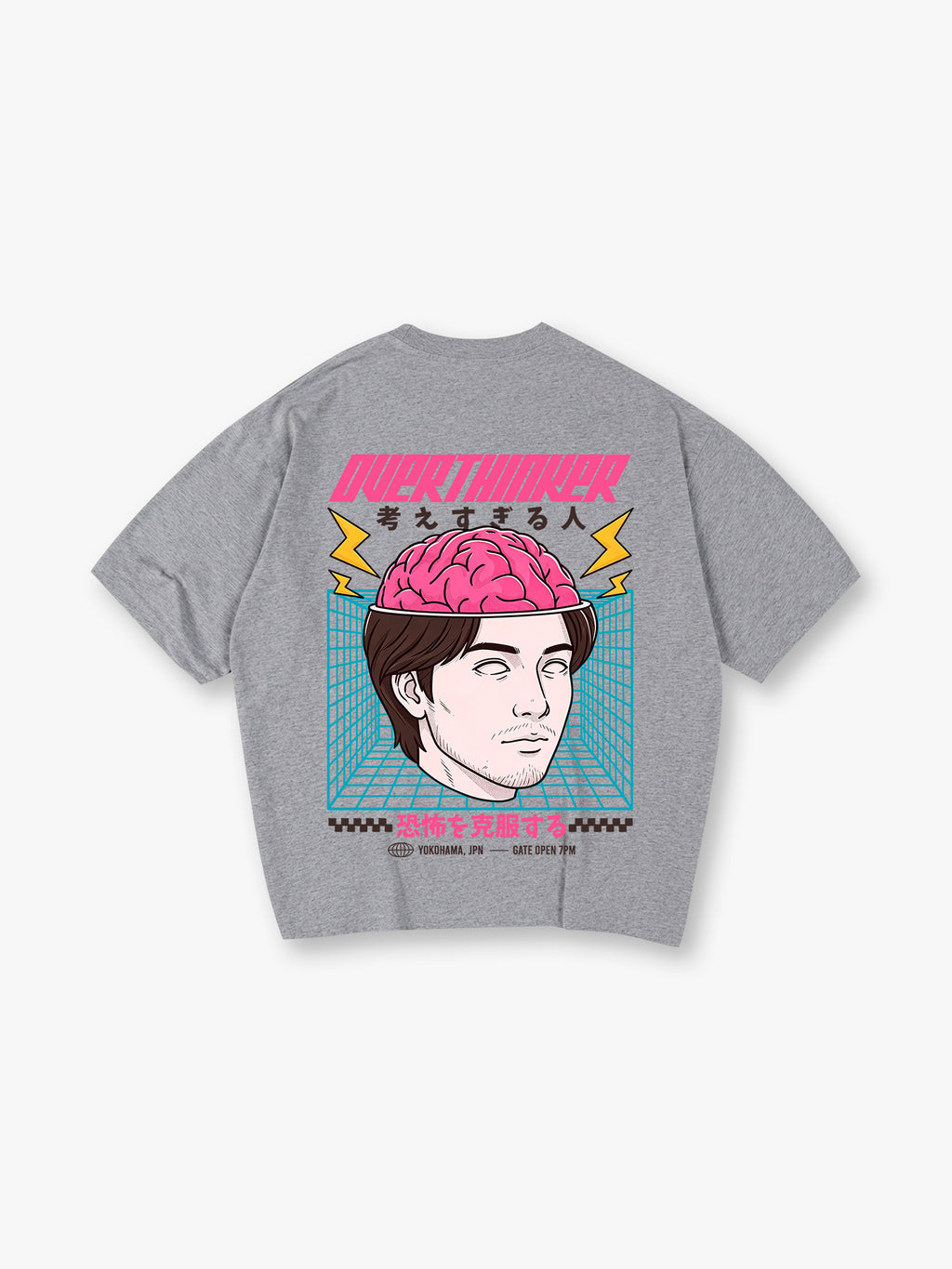 Overthinker Pink Brain Portrait Japanese Text Grid Back Print T-Shirt