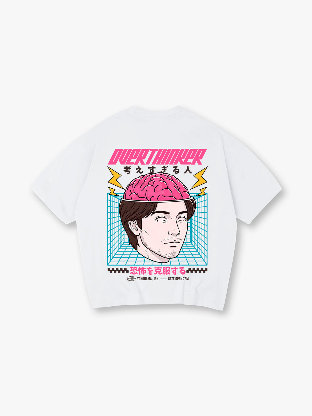 Overthinker Pink Brain Portrait Japanese Text Grid Back Print T-Shirt