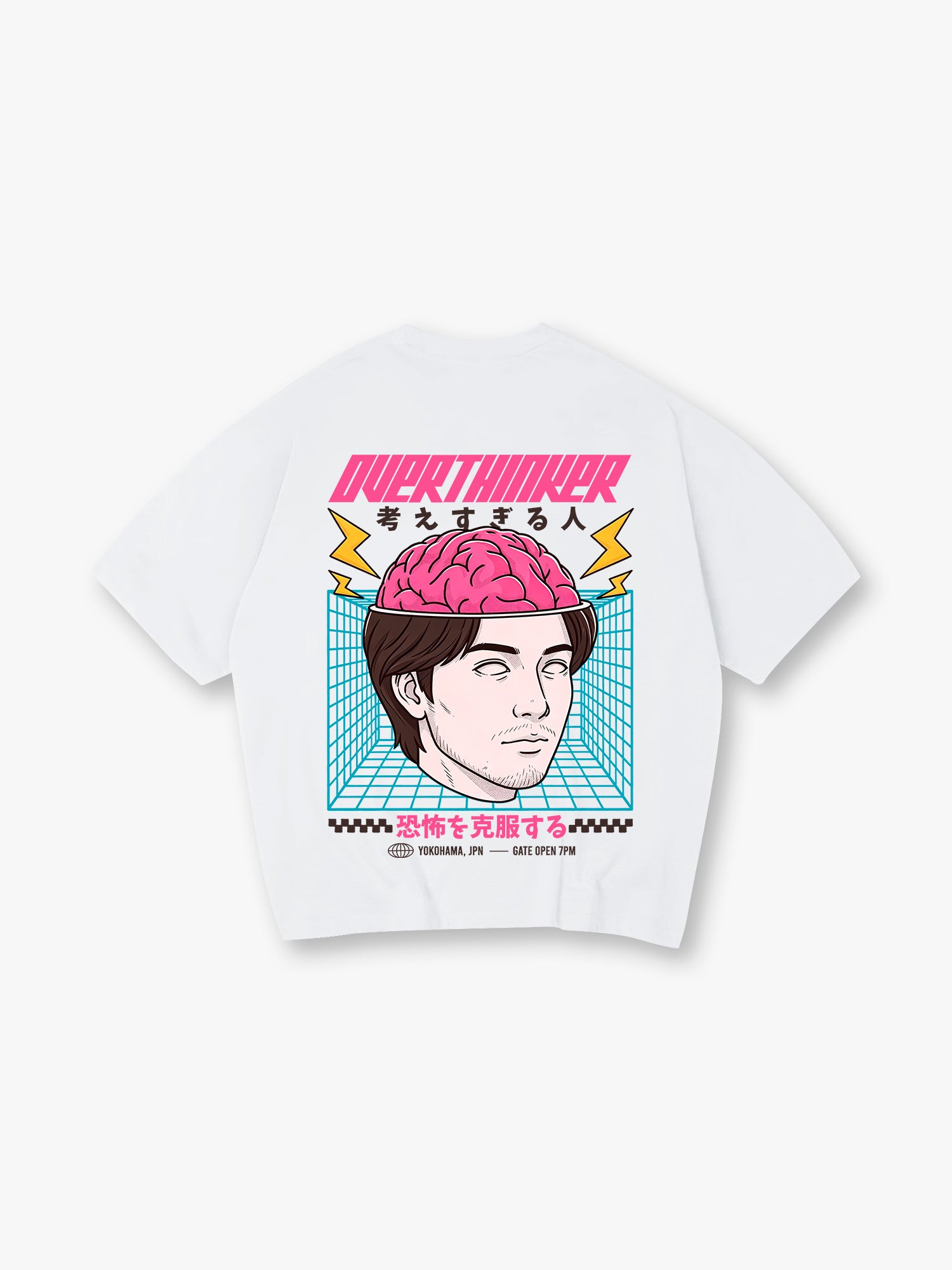 Overthinker Pink Brain Portrait Japanese Text Grid Back Print T-Shirt