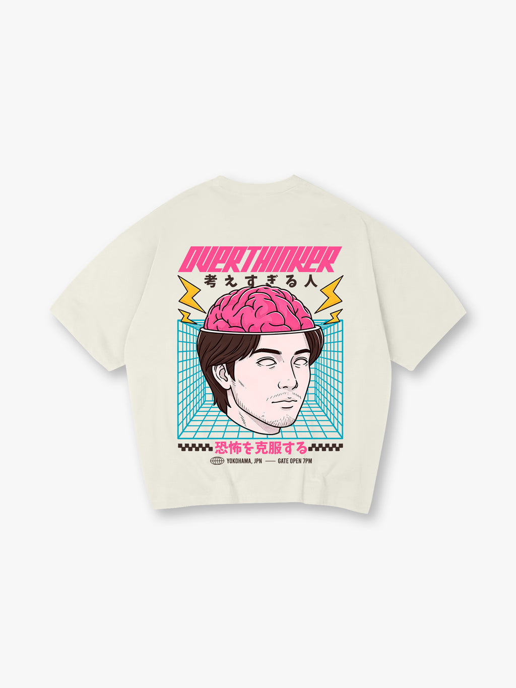 Overthinker Pink Brain Portrait Japanese Text Grid Back Print T-Shirt