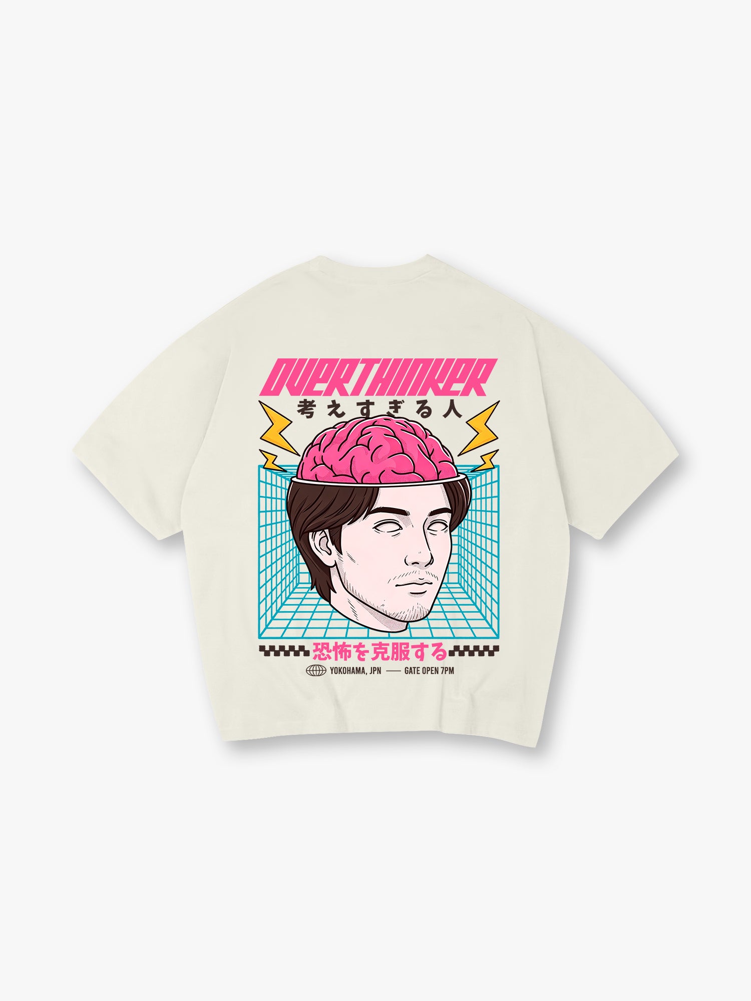 Overthinker Pink Brain Portrait Japanese Text Grid Back Print T-Shirt