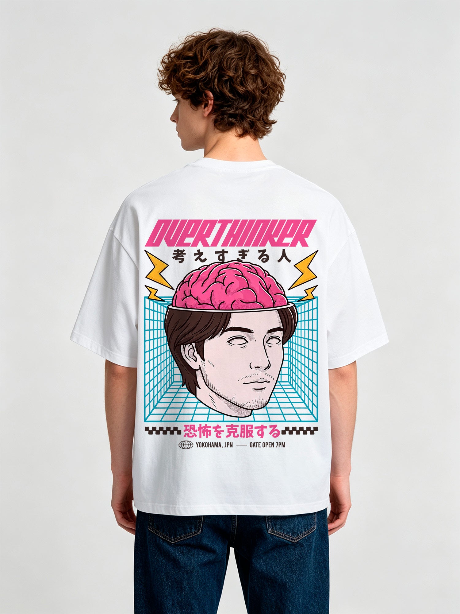 Overthinker Pink Brain Portrait Japanese Text Grid Back Print T-Shirt