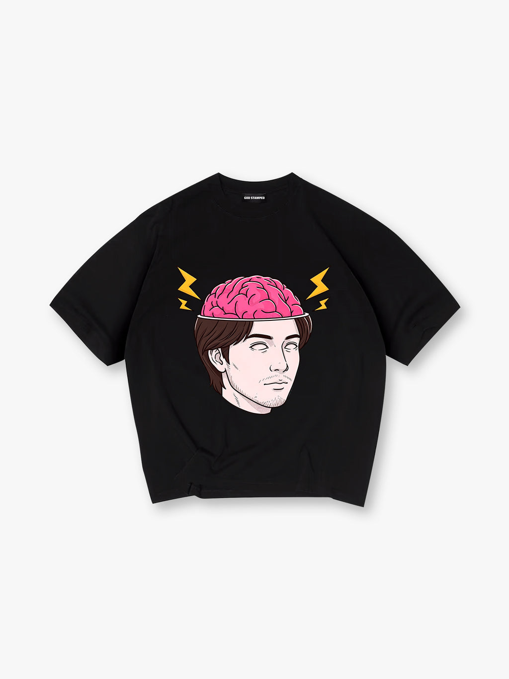 Cartoon Man Open Head Pink Brain Lightning Bolt Creative Mind Graphic  T-Shirt