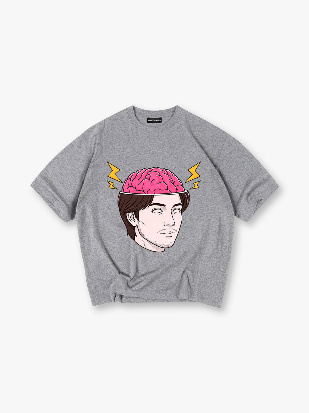 Cartoon Man Open Head Pink Brain Lightning Bolt Creative Mind Graphic  T-Shirt