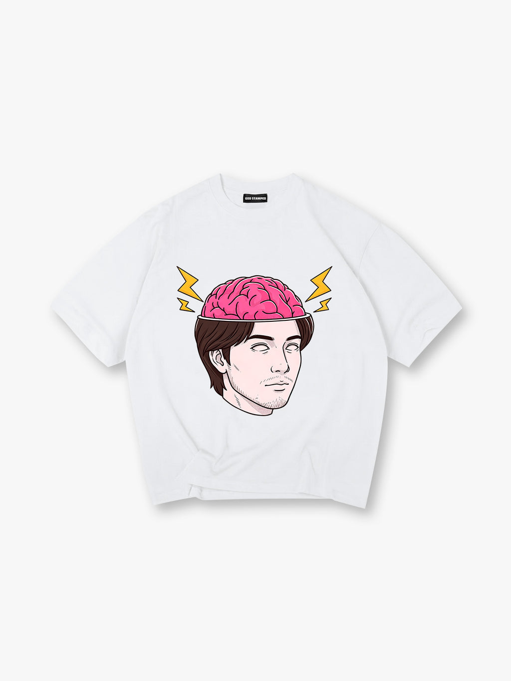 Cartoon Man Open Head Pink Brain Lightning Bolt Creative Mind Graphic  T-Shirt