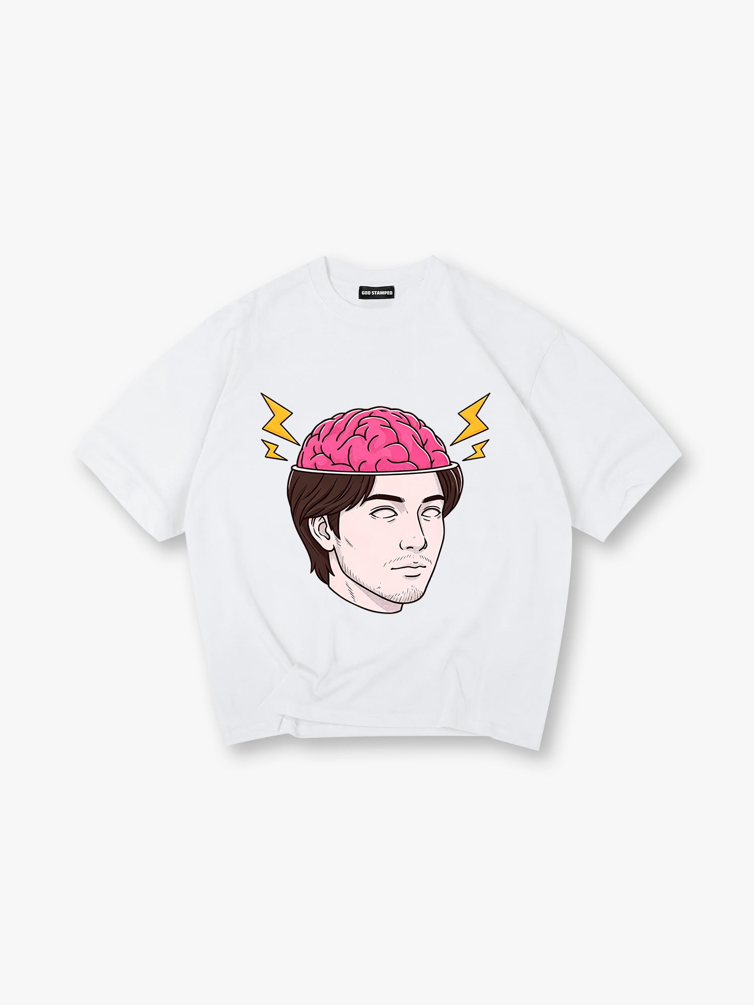 Cartoon Man Open Head Pink Brain Lightning Bolt Creative Mind Graphic  T-Shirt