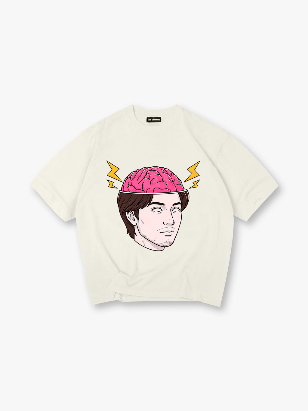 Cartoon Man Open Head Pink Brain Lightning Bolt Creative Mind Graphic  T-Shirt