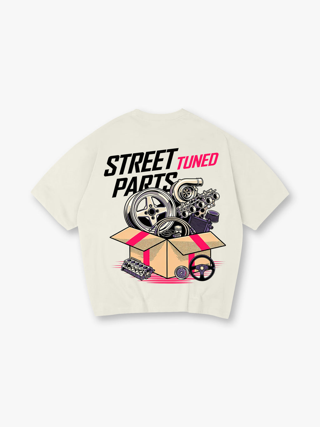 Street Tuned Car Modification Parts Box Graphic Back Print JDM Racing T-Shirt