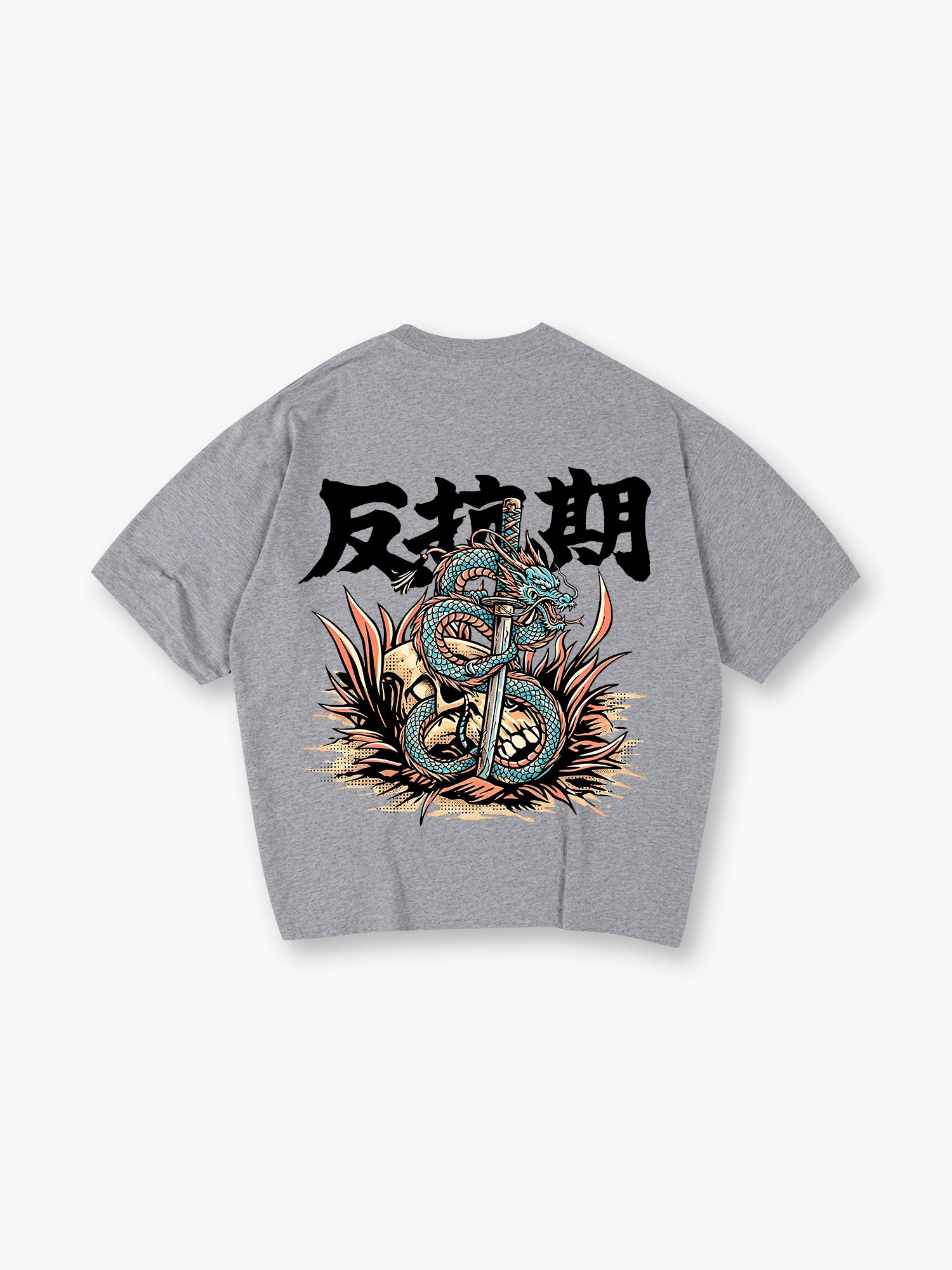 Japanese Dragon Katana Skull Retro Tattoo Graphic Short Sleeve Streetwear T-Shirt