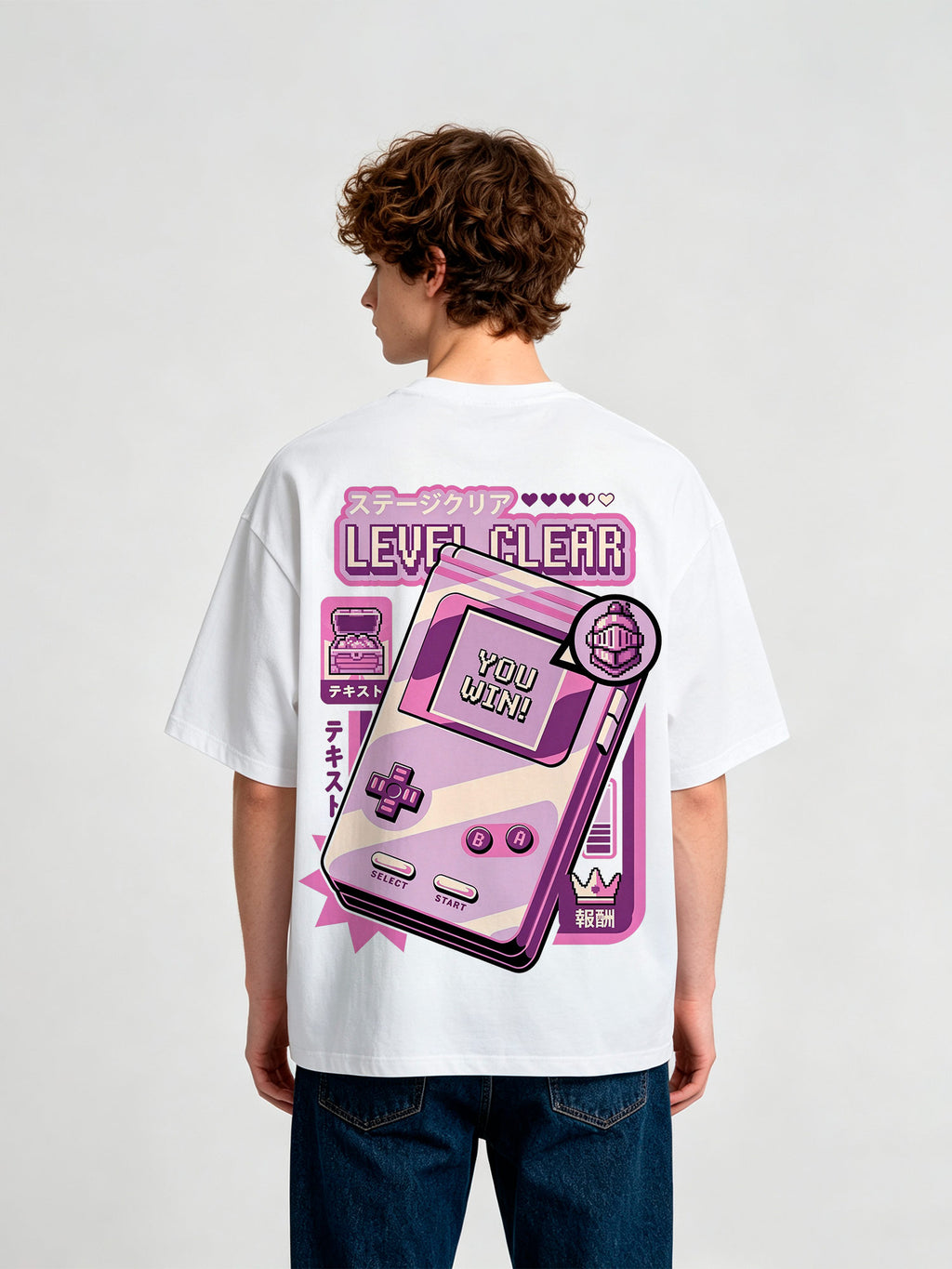 Pink Retro Handheld Game Console Level Clear Pixel Art Graphic T-Shirt