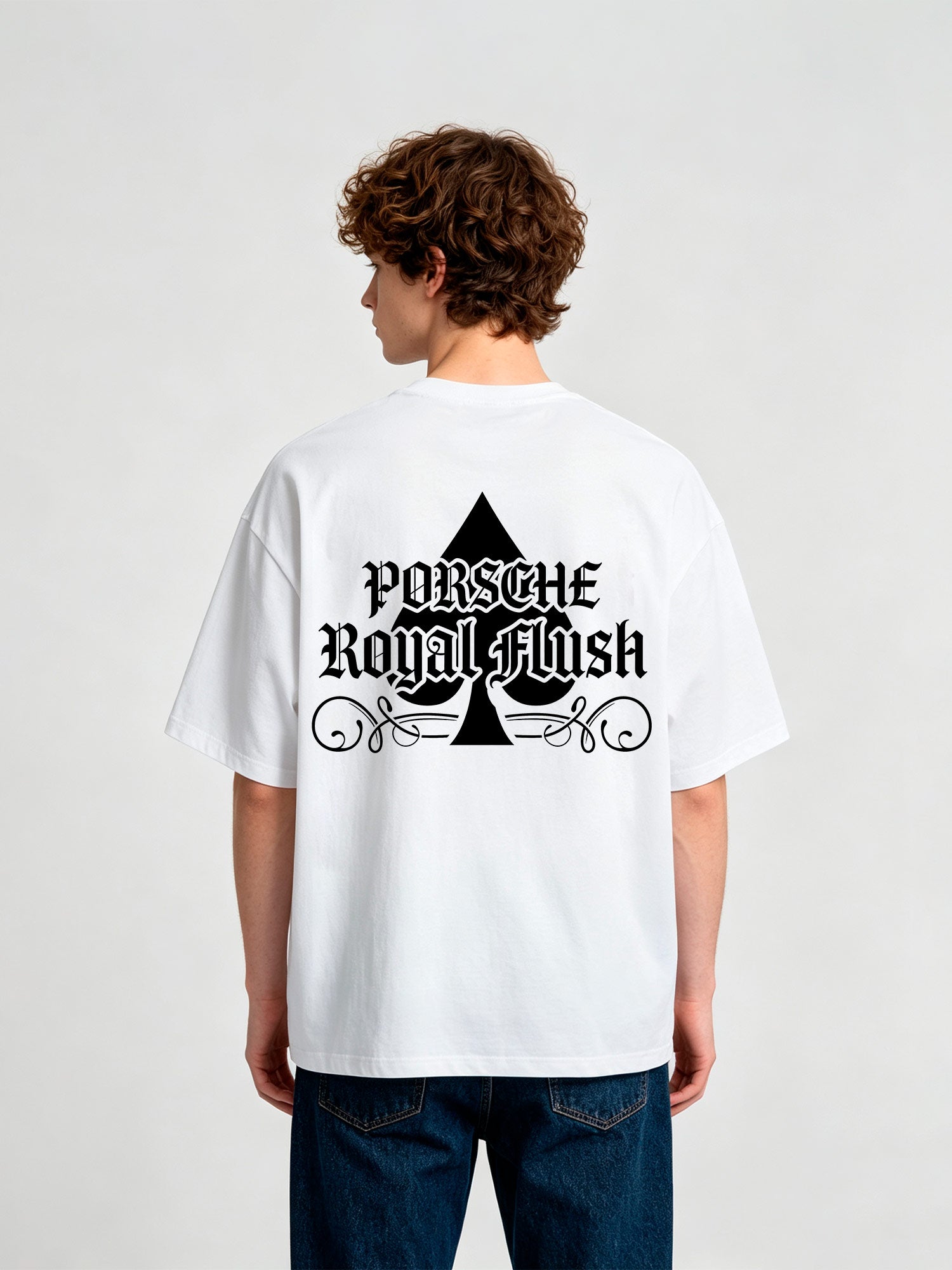Porsche Royal Flush Spade Gothic Letter Vintage Graphic Cotton Short Sleeve T-Shirt