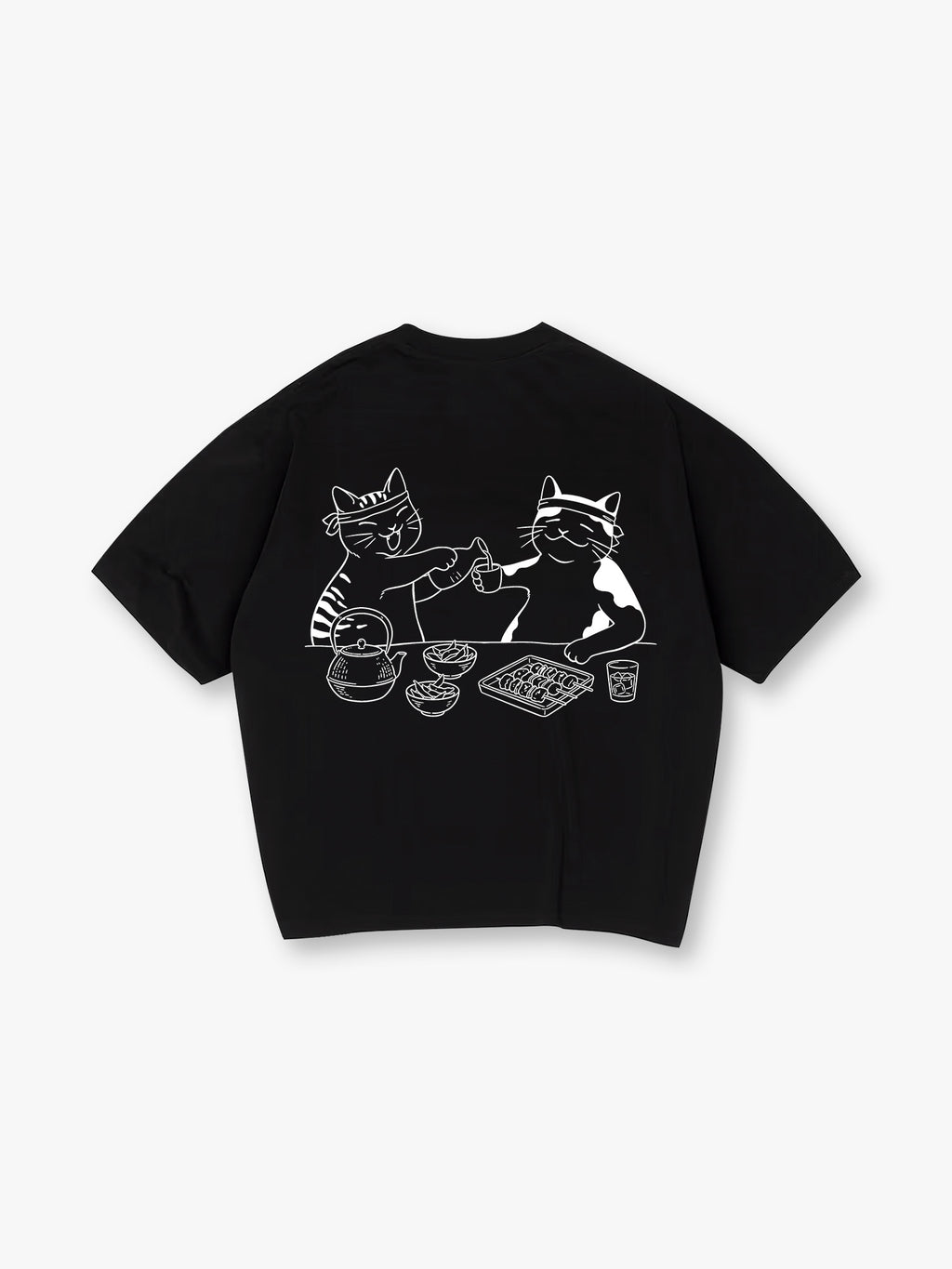 Cute Izakaya Drinking Cats Japanese Line Art Cartoon Cotton Short Sleeve T-Shirt
