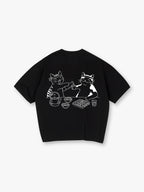 Cute Izakaya Drinking Cats Japanese Line Art Cartoon Cotton Short Sleeve T-Shirt