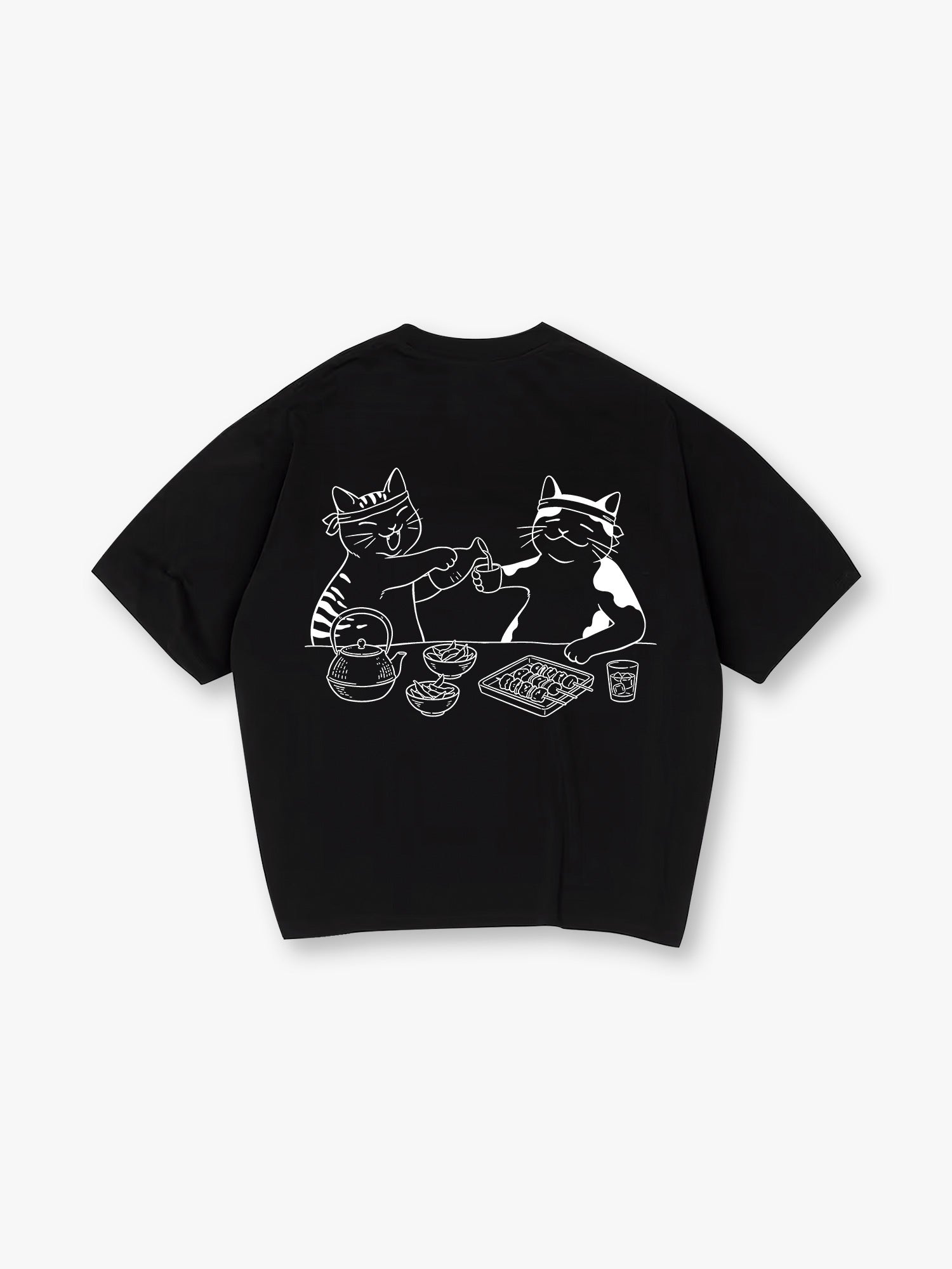 Cute Izakaya Drinking Cats Japanese Line Art Cartoon Cotton Short Sleeve T-Shirt