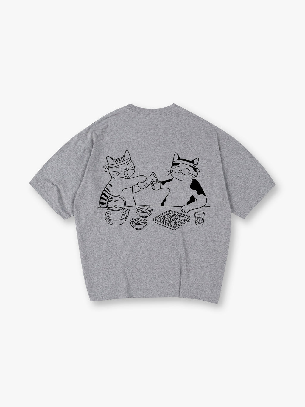 Cute Izakaya Drinking Cats Japanese Line Art Cartoon Cotton Short Sleeve T-Shirt