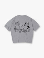 Cute Izakaya Drinking Cats Japanese Line Art Cartoon Cotton Short Sleeve T-Shirt
