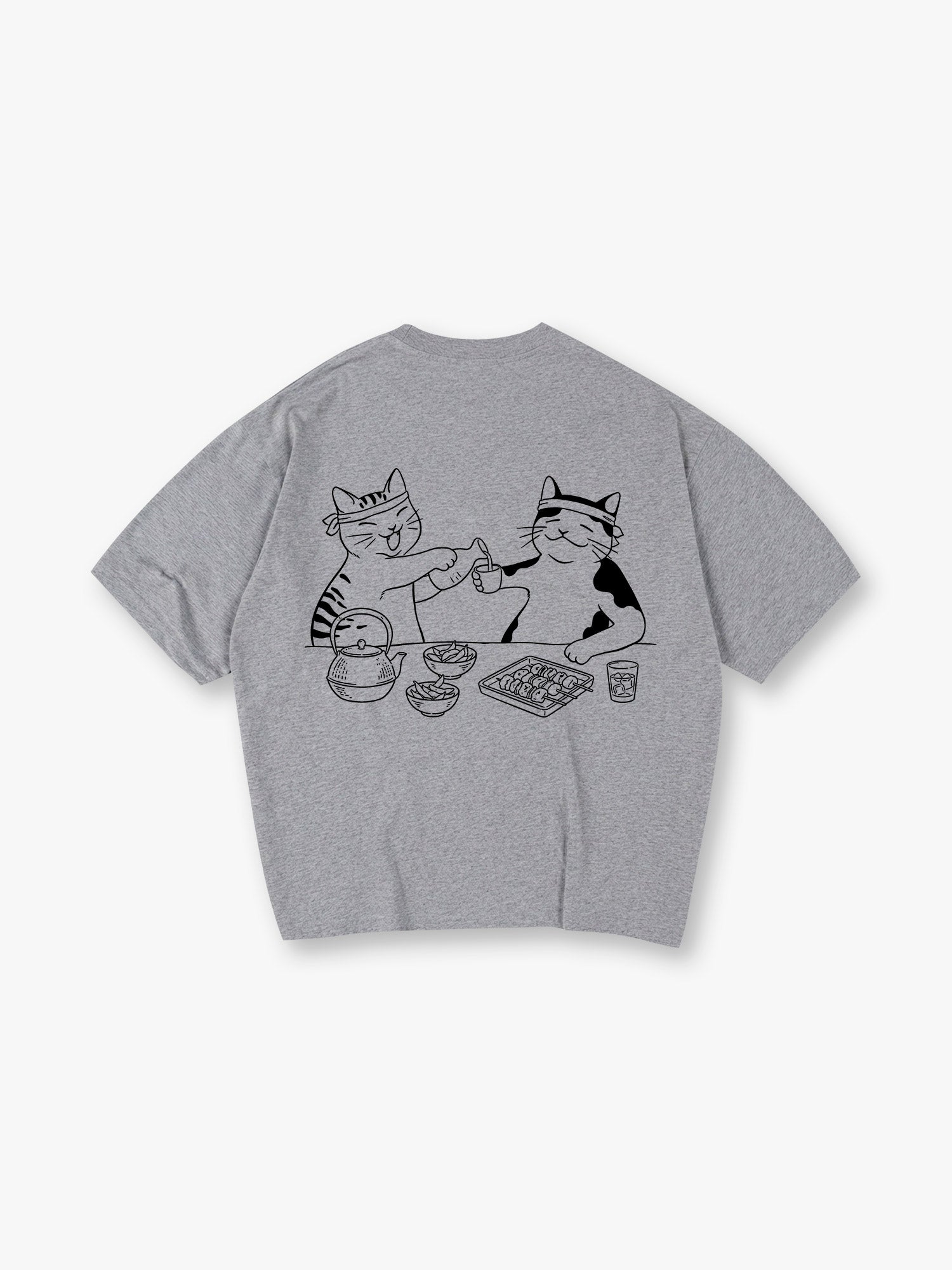 Cute Izakaya Drinking Cats Japanese Line Art Cartoon Cotton Short Sleeve T-Shirt
