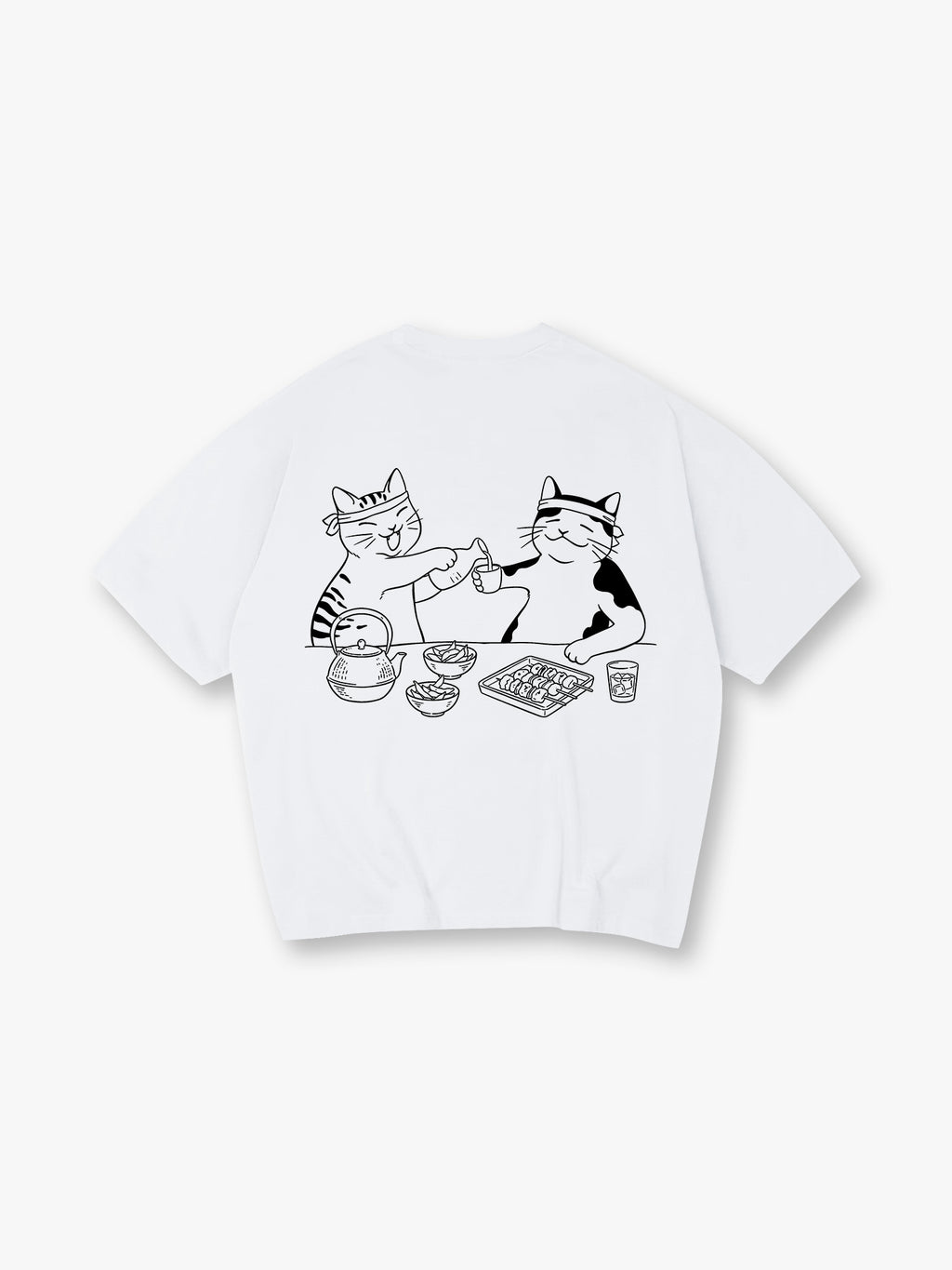 Cute Izakaya Drinking Cats Japanese Line Art Cartoon Cotton Short Sleeve T-Shirt