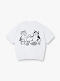 Cute Izakaya Drinking Cats Japanese Line Art Cartoon Cotton Short Sleeve T-Shirt