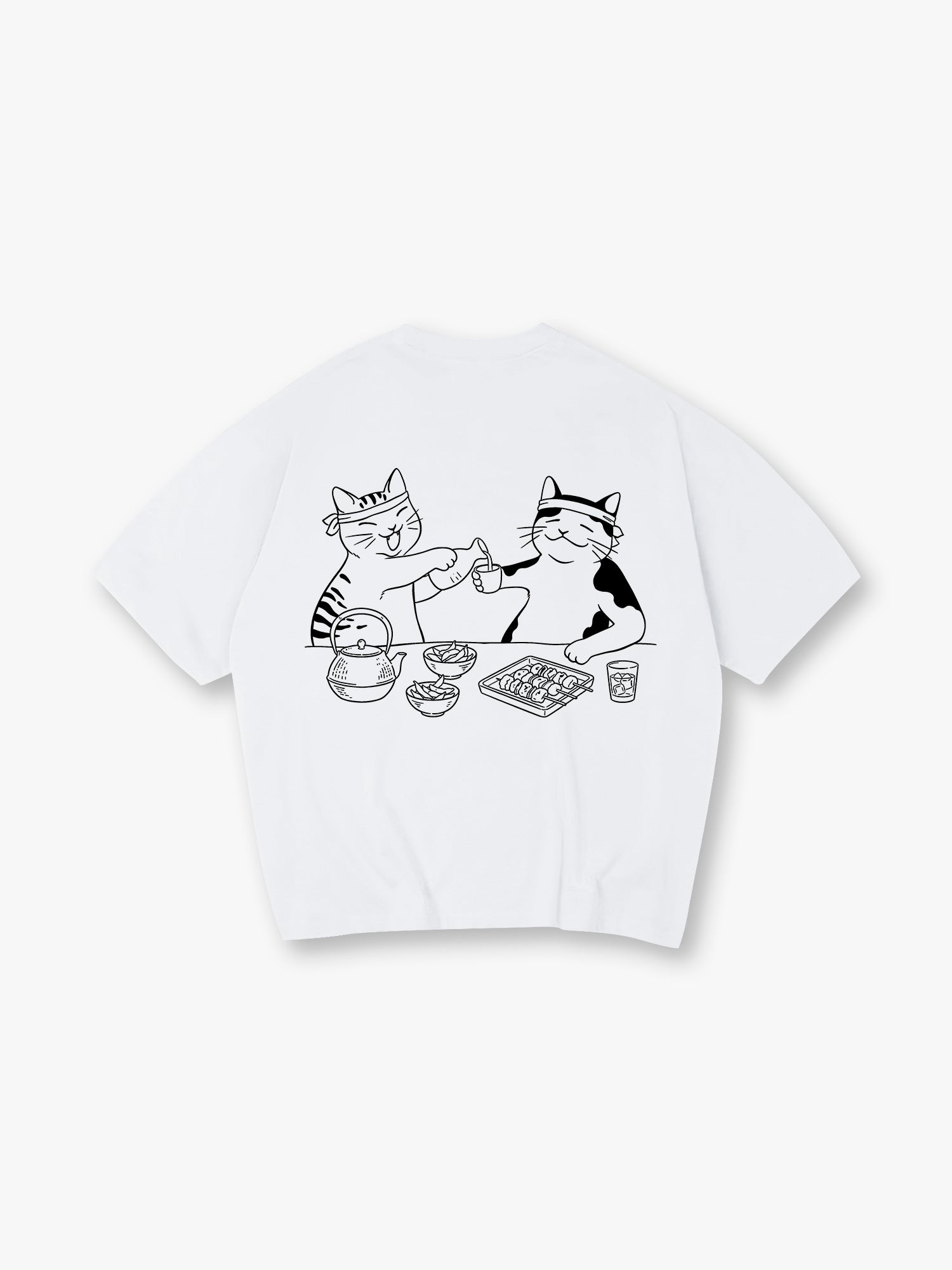 Cute Izakaya Drinking Cats Japanese Line Art Cartoon Cotton Short Sleeve T-Shirt