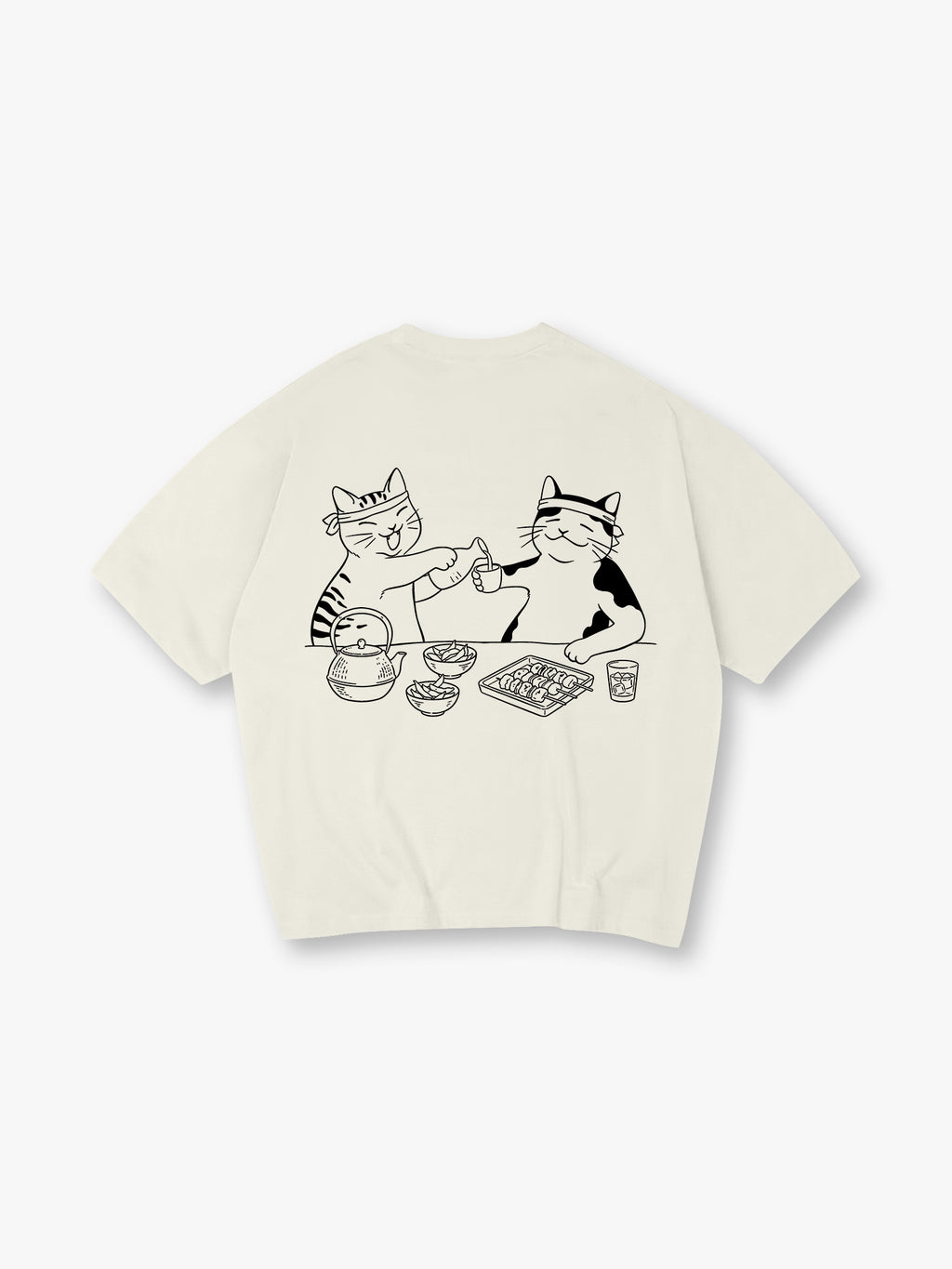 Cute Izakaya Drinking Cats Japanese Line Art Cartoon Cotton Short Sleeve T-Shirt