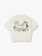 Cute Izakaya Drinking Cats Japanese Line Art Cartoon Cotton Short Sleeve T-Shirt