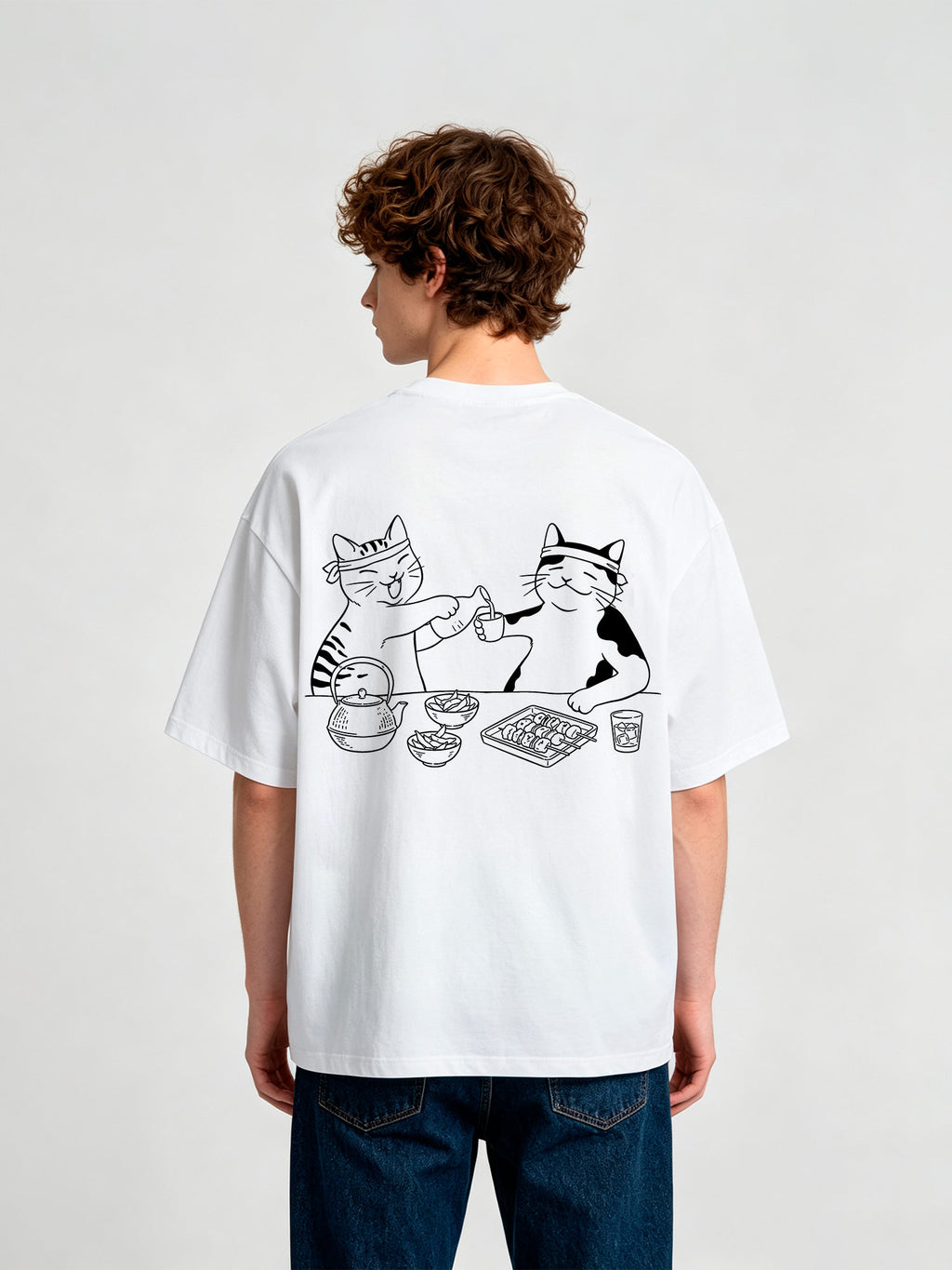 Cute Izakaya Drinking Cats Japanese Line Art Cartoon Cotton Short Sleeve T-Shirt