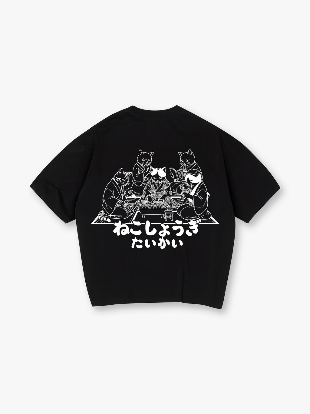 Japanese Kimono Cats Playing Shogi Line Art Cartoon Cotton Short Sleeve T-Shirt