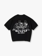 Japanese Kimono Cats Playing Shogi Line Art Cartoon Cotton Short Sleeve T-Shirt