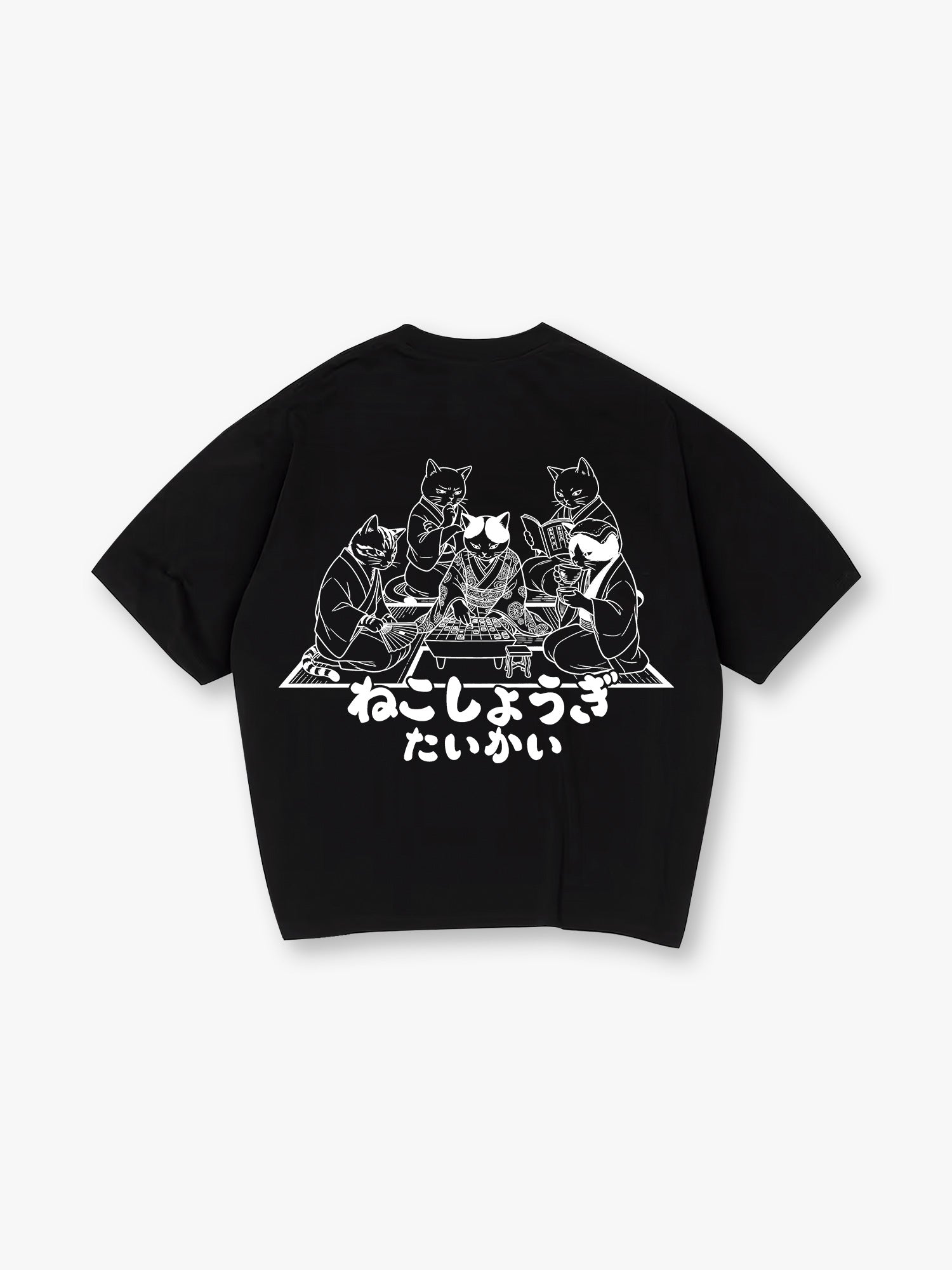 Japanese Kimono Cats Playing Shogi Line Art Cartoon Cotton Short Sleeve T-Shirt