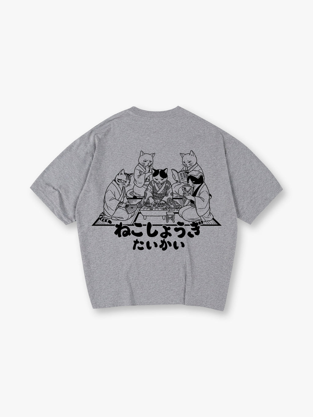 Japanese Kimono Cats Playing Shogi Line Art Cartoon Cotton Short Sleeve T-Shirt