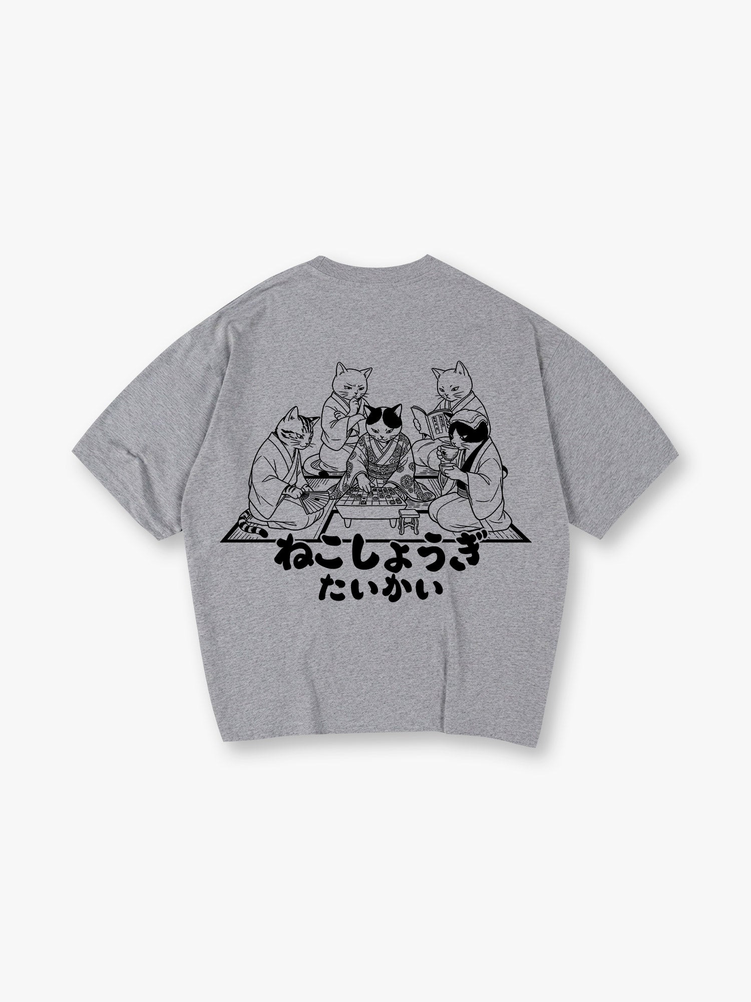 Japanese Kimono Cats Playing Shogi Line Art Cartoon Cotton Short Sleeve T-Shirt