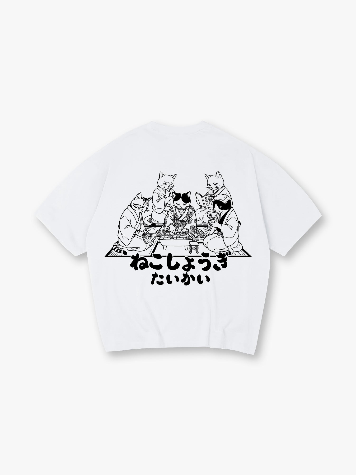 Japanese Kimono Cats Playing Shogi Line Art Cartoon Cotton Short Sleeve T-Shirt