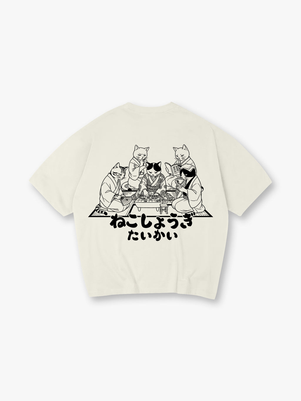 Japanese Kimono Cats Playing Shogi Line Art Cartoon Cotton Short Sleeve T-Shirt