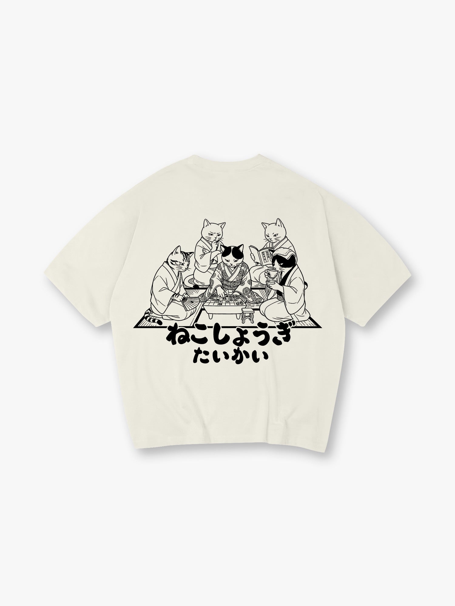 Japanese Kimono Cats Playing Shogi Line Art Cartoon Cotton Short Sleeve T-Shirt