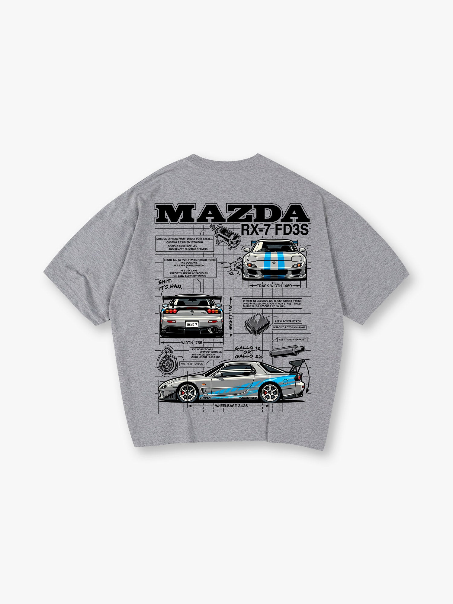 JDM Mazda RX-7 FD3S Blueprint Technical Drawing Car Graphic T-Shirt